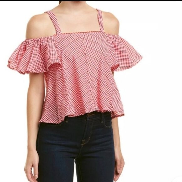 Walter Baker Riley Cold Shoulder Gingham crop top Red Plaid Off the Shoulder Med - Picture 1 of 8